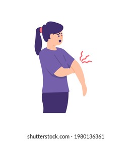 illustration of a woman holding his hand due to a broken bone. suffering from sprains, hand pain. the expression of the person enduring the pain. flat style. vector design