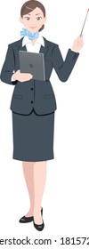 Illustration of a woman holding an indicator stick, woman in a suit, white background