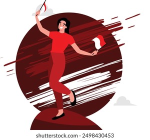 illustration of a woman holding an Indonesian flag, a strong illustration with a high spirit of nationalism and enthusiasm. concept illustration of Indonesian Independence Day vector