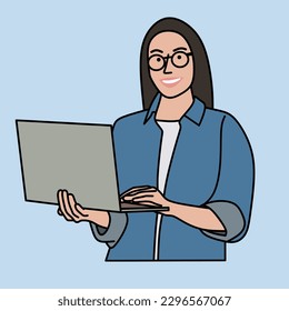 Illustration of a woman holding a laptop with a broad smiling face and wearing a blue shirt