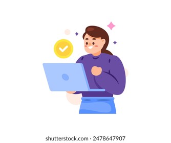 illustration of a woman holding a laptop and a tick symbol. the expression of an employee who is happy because they have successfully completed a task. illustration concept design. graphic elements