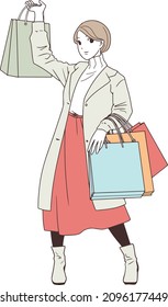 Illustration of a woman holding a large number of shopping bags in shopping