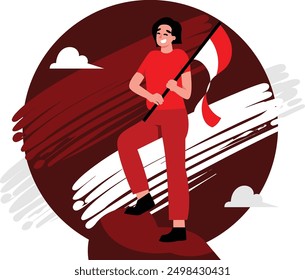 illustration of a woman holding a large red and white flag, a strong illustration with a high spirit of nationalism and full of enthusiasm. concept illustration of Indonesian independence day vector