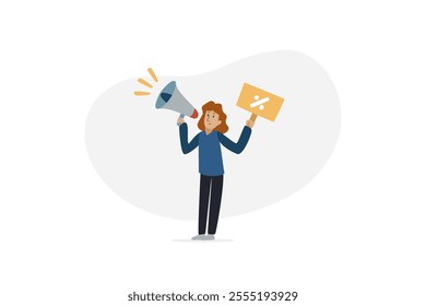 Illustration of a woman holding a megaphone, symbolizing marketing and advertising. She is presenting a newsletter concept, conveying ideas of promotion, communication, and brand awareness.