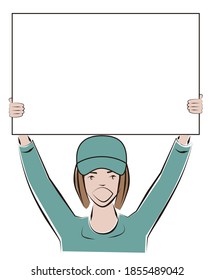 An illustration of a woman holding a message board high with both hands and shouting in her hat and work clothes.