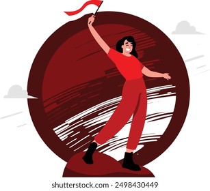 illustration of a woman holding one Indonesian flag, a strong illustration with a high spirit of nationalism and enthusiasm. concept illustration of Indonesian Independence Day vector