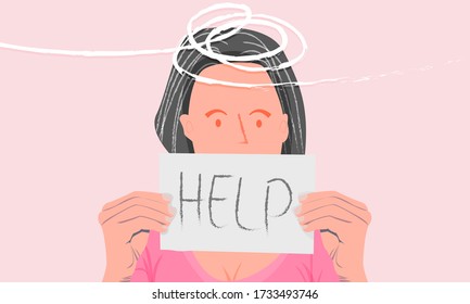 illustration of a woman holding a paper containing help me. a sign of a person's mental damage and dizziness about something. Flat vector concept of stress, depression, nightmares