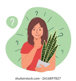 Illustration of a woman holding a potted plant, surrounded by question marks, suggesting contemplation or decision-making. Vector art emphasizing curiosity and indoor greenery.
