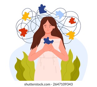 Illustration of a woman holding a puzzle piece, surrounded by tangled lines and colorful pieces, symbolizing mental challenges, isolated vector illustration