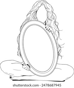 Illustration of a woman holding round shape mirror, illusion absence loneliness concept or message