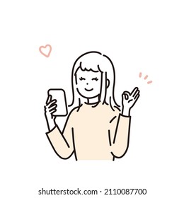 Illustration of a woman holding a smartphone and signing ok sign. Vector.