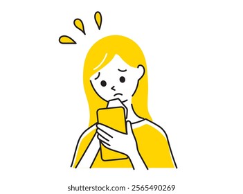 Illustration of a Woman Holding a Smartphone with a Worried Expression