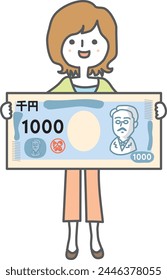 Illustration of woman holding thousand-yen bill in her hand
