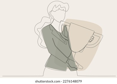 Illustration of a woman holding a trophy. Employee appreciation one line drawing