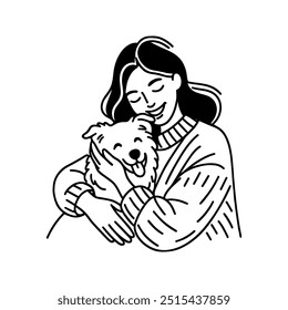 An Illustration of A Woman Hugging Her Happy Dog In Simple Black And White Art Line Style
