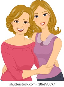 Illustration of a Woman Hugging Her Middle-aged Mom