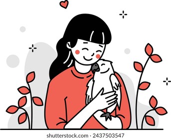 Illustration of a woman hugging her pet bird