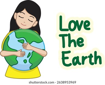 An illustration of a woman hugging the planet Earth with great affection
