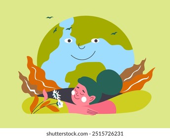 Illustration of a woman hugging a smiling Earth, surrounded by nature. Flat design style vector illustration. Could be used for environmental protection campaigns.