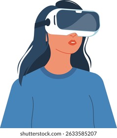 Illustration of a woman immersed in virtual reality, showcasing innovation and futuristic technology. Woman in VR glasses, meta universe of entertainment concept. Flat woman exploring a virtual world