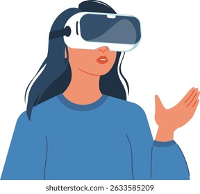 Illustration of a woman immersed in virtual reality, showcasing innovation and futuristic technology. Woman in VR glasses, meta universe of entertainment concept. Flat woman exploring a virtual world