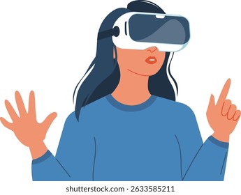 Illustration of a woman immersed in virtual reality, showcasing innovation and futuristic technology. Woman in VR glasses, meta universe of entertainment concept. Flat woman exploring a virtual world