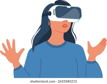 Illustration of a woman immersed in virtual reality, showcasing innovation and futuristic technology. Woman in VR glasses, meta universe of entertainment concept. Flat woman exploring a virtual world