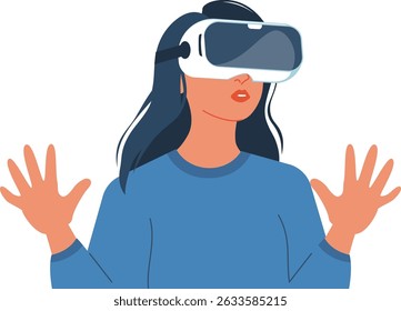 Illustration of a woman immersed in virtual reality, showcasing innovation and futuristic technology. Woman in VR glasses, meta universe of entertainment concept. Flat woman exploring a virtual world