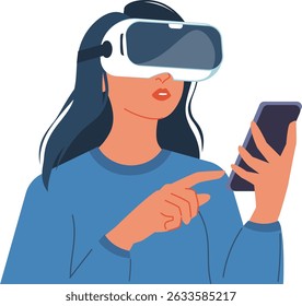 Illustration of a woman immersed in virtual reality, showcasing innovation and futuristic technology. Woman in VR glasses, meta universe of entertainment concept. Flat woman exploring a virtual world