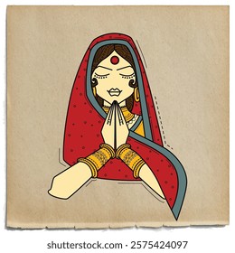 illustration of woman of India welcoming gesture in desi (indian) art style.
