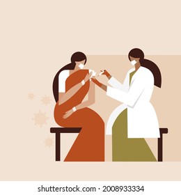 Illustration of a woman of Indian origin getting vaccinated by a nurse