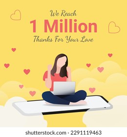 Illustration of a woman influencer content creator reached out 1 million subscribers followers. Excited girl holding laptop sitting on mobile celebrating success.  3d flat design for social media post