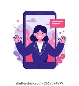 An illustration of a woman inside the mobile phone. ideal for online communication, virtual meetings, mobile technology, and digital interaction. Its clean, modern aesthetic, use as an icon