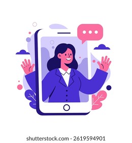 An illustration of a woman inside the mobile phone. ideal for online communication, virtual meetings, mobile technology, and digital interaction. Its clean, modern aesthetic, use as an icon