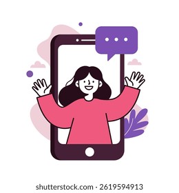 An illustration of a woman inside the mobile phone. ideal for online communication, virtual meetings, mobile technology, and digital interaction. Its clean, modern aesthetic, use as an icon