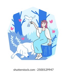 Illustration of a woman interacting with animals in nature - mediator