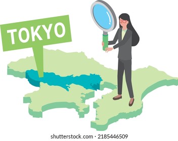 Illustration of a woman investigating Tokyo