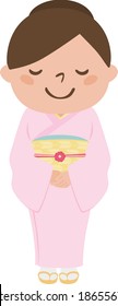 Illustration of a woman in Japanese clothes. A graceful woman in a pink kimono.