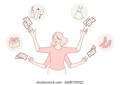 An illustration of a woman juggling money, fashion, and beauty items, symbolizing multitasking in lifestyle.