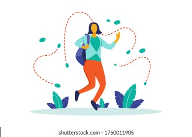 Illustration of a woman jumping happily with a backpack. Flat style cartoon character with orange and green colors. The concept of activities carried out by someone