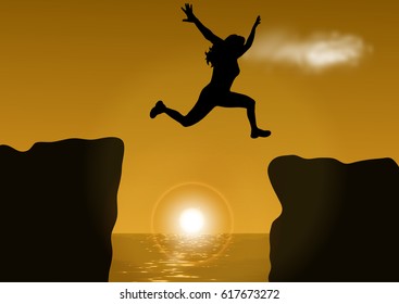 illustration woman jumping over cliff on sunset background