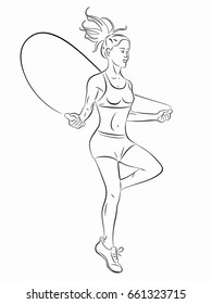 Illustration Of A Woman Jumping Over A Rope, Black And White Drawing, White Background