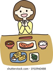 Illustration of a woman just before eating rice