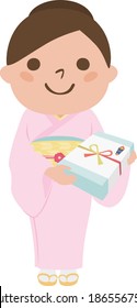 Illustration of a woman in a kimono. A graceful woman holding a gift.