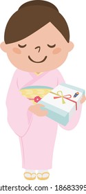 Illustration of a woman in a kimono. A graceful woman holding a gift.