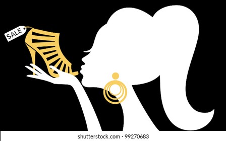 Illustration of a woman kissing a shoe with a sale tag.\n