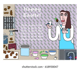 Illustration with a woman in the kitchen during Easter preparations.