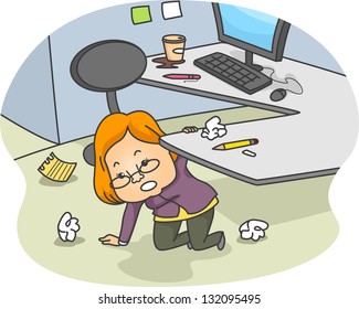 Illustration Of A Woman Kneeling Down And Tidying Up Her Messy Cubicle