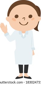 Illustration of a woman in a lab coat. Women guide by hand.