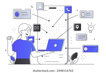 An illustration of a woman with a laptop, depicting workflow and task management or time management concepts on a white background with graphical elements. Modern flat vector illustration